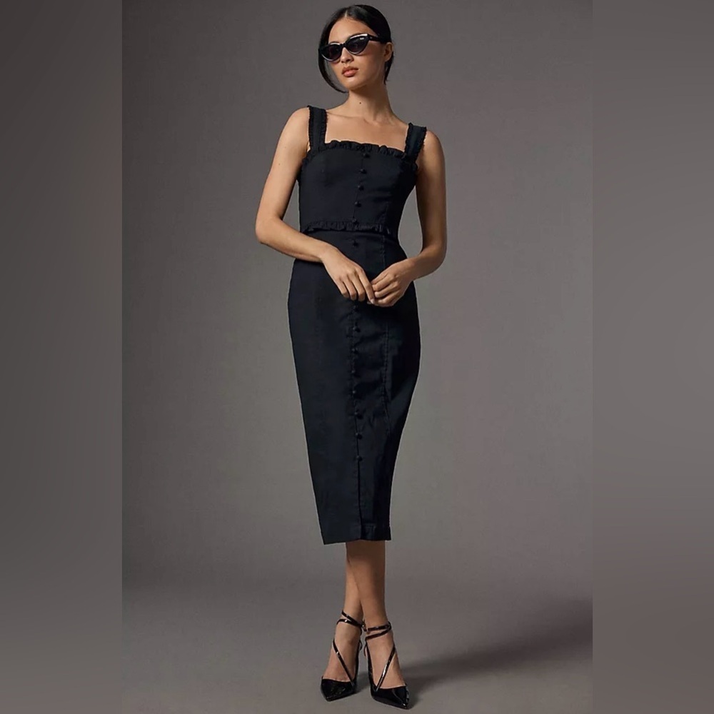 Anthropologie Black Slim Square Neck Ruffle Button Down Dress